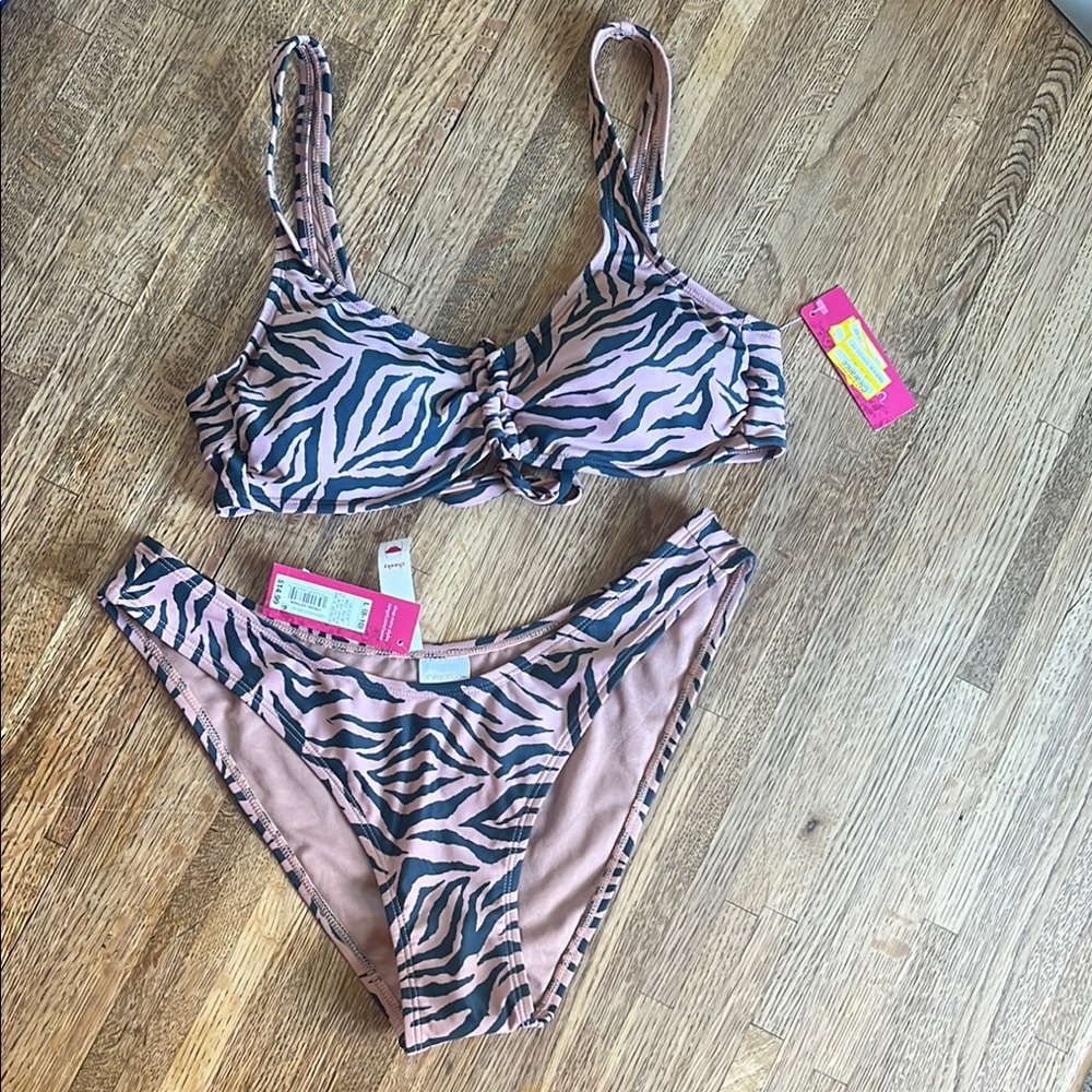 Tan and Pine Green Zebra Print Bikini